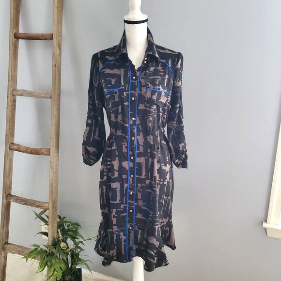 ICE Women's Graphic Sheer Button Down Midi Dress Size 10 - Picture 1 of 8